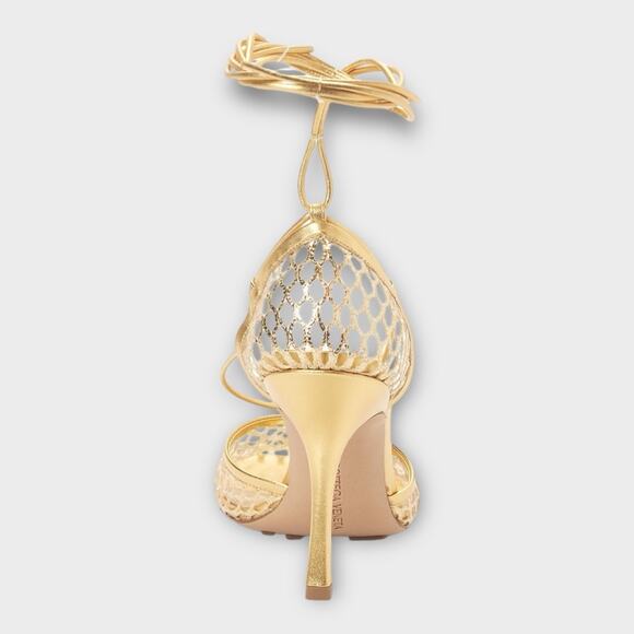 Womans Stretch Mesh Ankle Tie High Heel Sandals In Gold Size 37 - Picture 4 of 12